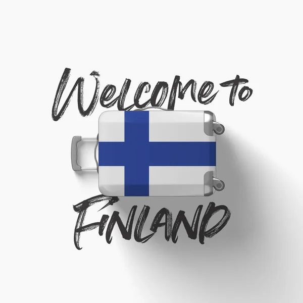 Bienvenido a Finlandia. bandera nacional en una maleta de viaje. Renderizado 3D — Foto de Stock