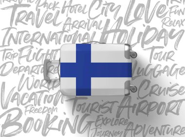 Finlandiya bayrağı bavul seyahat arka plan. 3D render