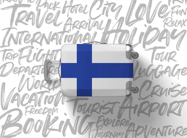 Finlandiya bayrağı bavul seyahat arka plan. 3D render