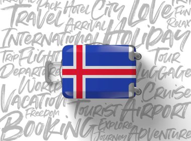 İzlanda bayrağı bavul seyahat arka plan. 3D render