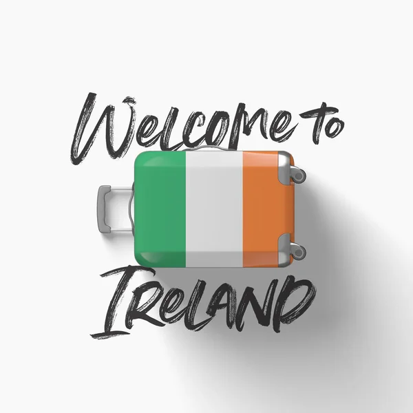 Irlanda 'ya hoş geldiniz. bir seyahat bavulu üzerinde ulusal bayrak. 3D render — Stok fotoğraf