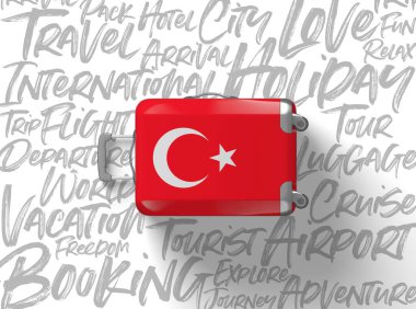 Türkiye bayrağı bavul seyahat arka plan. 3D render