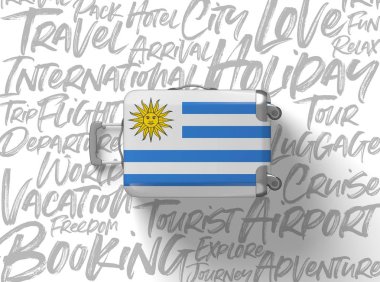 Uruguay bayrağı bavul seyahat arka plan. 3D render