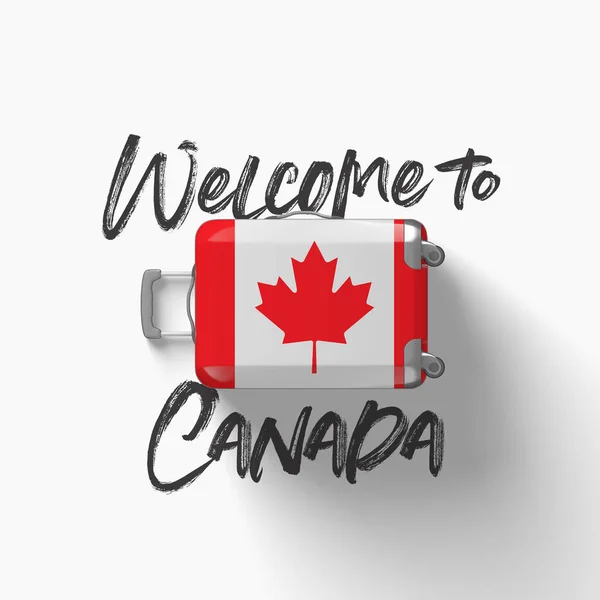 Benvenuto in Canada. bandiera nazionale su una valigia da viaggio. Render 3D — Foto Stock