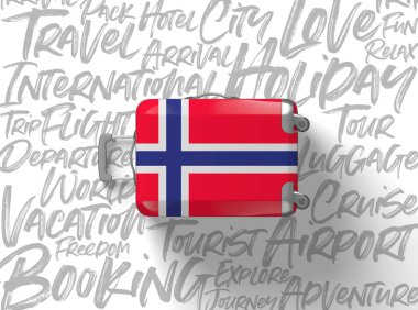 Norveç bayrağı bavul seyahat arka plan. 3D render