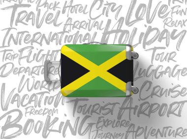 Jamaika bayrağı bavul seyahat arka plan. 3D render