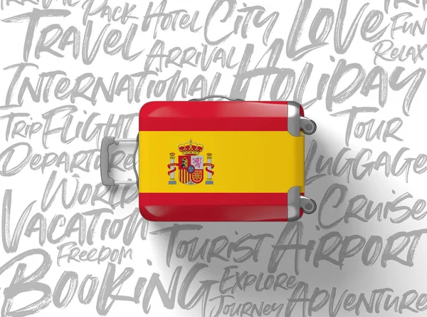 İspanya bayrağı bavul seyahat arka plan. 3D render — Stok fotoğraf