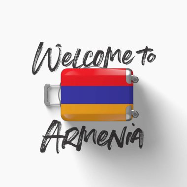 Ermenistan 'a hoş geldiniz. bir seyahat bavulu üzerinde ulusal bayrak. 3D render