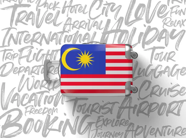 Malezja flaga walizka podróży tle. Renderowanie 3D — Zdjęcie stockowe
