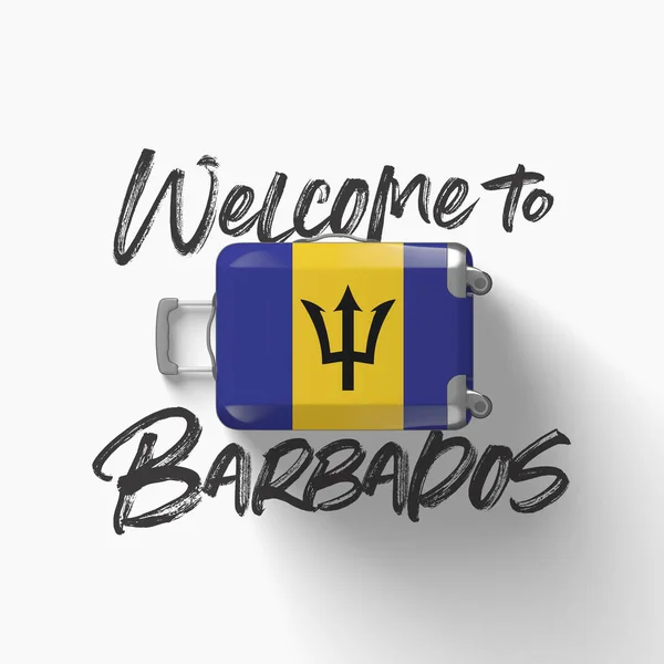 Benvenuto alle Barbados. bandiera nazionale su una valigia da viaggio. Render 3D — Foto Stock