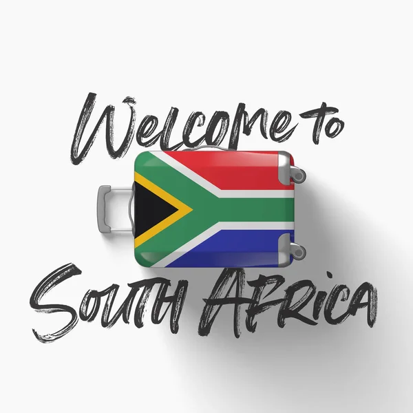 Üdvözöljük Dél-Afrikában. utazótáska nemzeti zászlaját. 3D-leképezés — Stock Fotó
