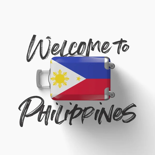 Witamy na Filipinach. flagę krajową na walizka podróżna. Renderowanie 3D — Zdjęcie stockowe