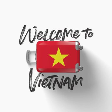 Vietnam 'a hoş geldiniz. bir seyahat bavulu üzerinde ulusal bayrak. 3D render