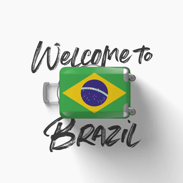 Добро пожаловать в Бразилию. национальный флаг на чемодане для путешествий. 3D Render — стоковое фото