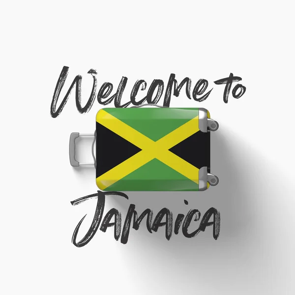 Willkommen in Jamaica. Nationalflagge auf einem Reisekoffer. 3D-Darstellung — Stockfoto