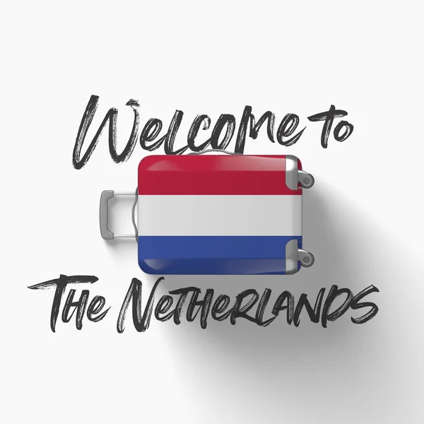 Ласкаво просимо до Нідерландів. Національний прапор на подорожі валізу. 3D візуалізації — стокове фото