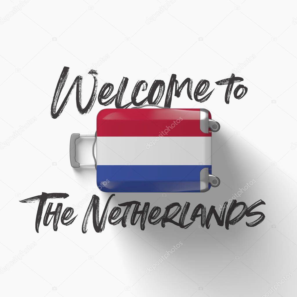 Welcome to The Netherlands. national flag on a travel suitcase. 3D Render