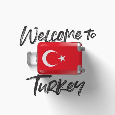 Türkiye 'ye hoş geldiniz. bir seyahat bavulu üzerinde ulusal bayrak. 3D render