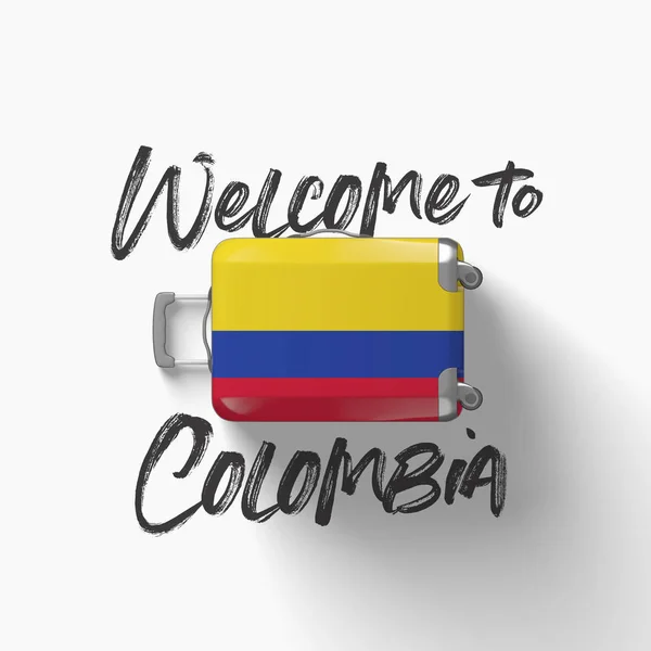 Benvenuto in Colombia. bandiera nazionale su una valigia da viaggio. Render 3D — Foto Stock