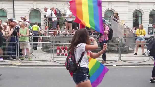 LONDON, UK - July 6th 2019: People wave LGBTQ gay pride flags at a solidarity march — Stock Video