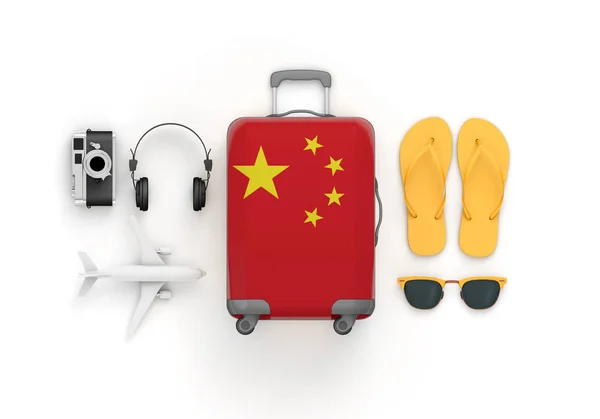 Kufr s čínskou vlajkou a cestovní Doplňky ležely rovně. prostorové vykreslení — Stock fotografie