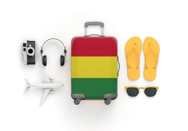 Bandera de Bolivia maleta y accesorios de viaje yacen planos. Renderizado 3D — Foto de Stock