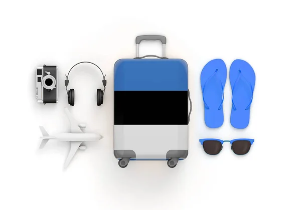 Estonia flaga walizka i Akcesoria podróżne leżał płasko. Renderowanie 3D — Zdjęcie stockowe