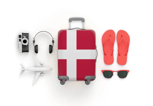 Denmark flag suitcase and travel accessories lay flat. 3D Render