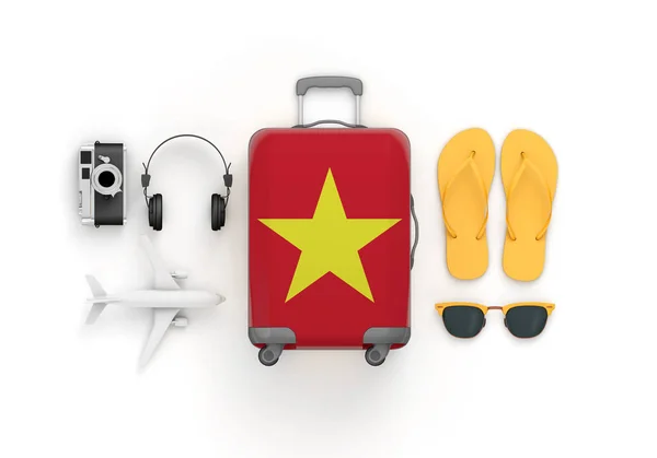 Vietnam flag suitcase and travel accessories lay flat. 3D Render