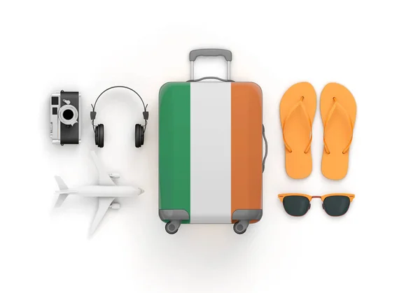 La maleta de la bandera de Irlanda y los accesorios de viaje estaban planos. Renderizado 3D — Foto de Stock
