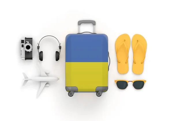 Ukraina flaga walizka i Akcesoria podróżne leżał płasko. Renderowanie 3D — Zdjęcie stockowe