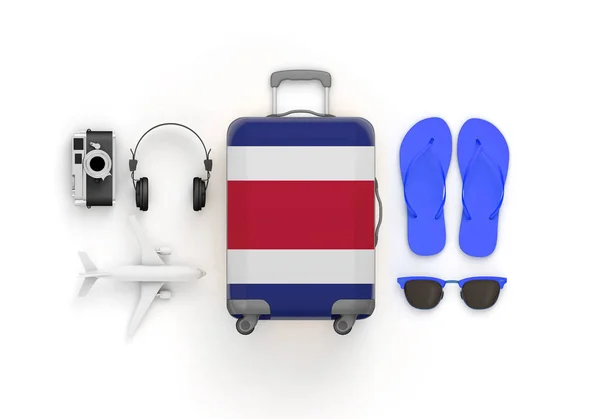 Costa Rica flag suitcase and travel accessories lay flat. 3D Render