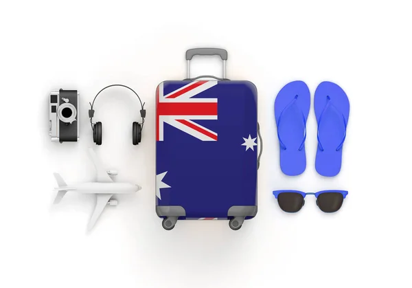 Australia flag suitcase and travel accessories lay flat. 3D Render