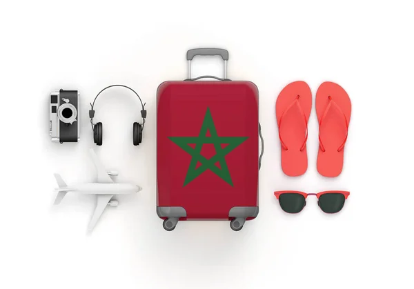 Morocco flag suitcase and travel accessories lay flat. 3D Render
