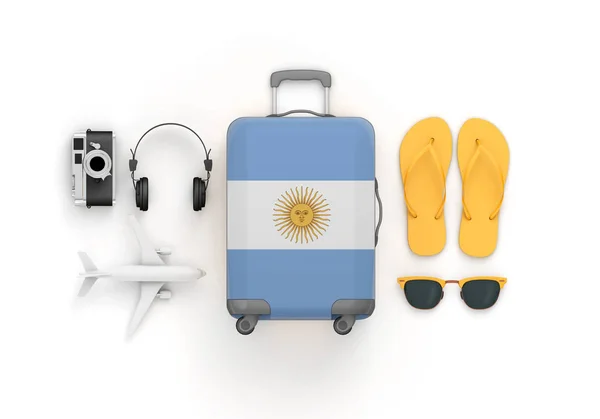 Maleta de la bandera de Argentina y accesorios de viaje yacen planos. Renderizado 3D — Foto de Stock