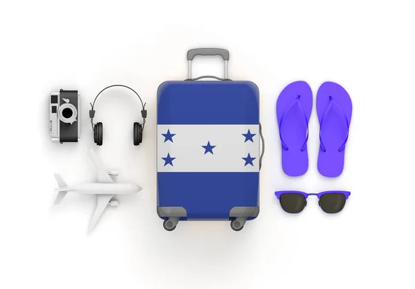 Honduras flag suitcase and travel accessories lay flat. 3D Render