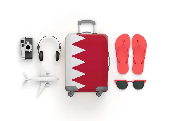 Bahrain flag suitcase and travel accessories lay flat. 3D Render
