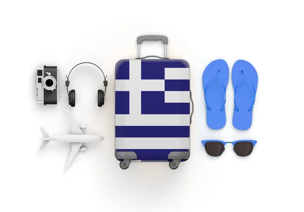 Greece flag suitcase and travel accessories lay flat. 3D Render