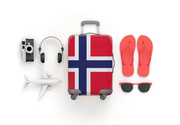 Norway flag suitcase and travel accessories lay flat. 3D Render