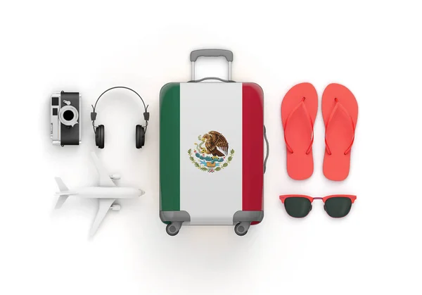 Mexico flag suitcase and travel accessories lay flat. 3D Render