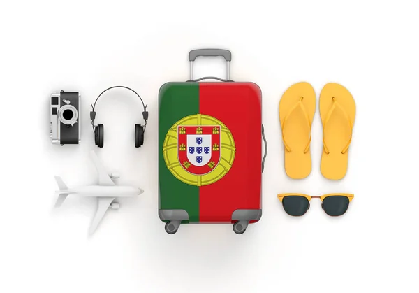 Mala de bandeira de Portugal e acessórios de viagem leigos. Renderização 3D — Fotografia de Stock