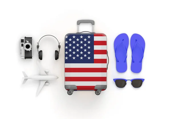 Flaga USA walizka i Akcesoria podróżne leżał płasko. Renderowanie 3D — Zdjęcie stockowe
