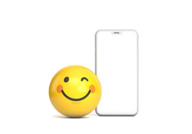 Boş ekran ve eğlenceli emoji karakteri ile Smartphone mockup. 3D render