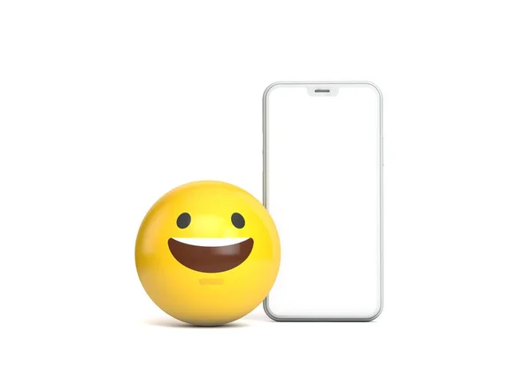 Smartphone maqueta con pantalla en blanco y divertido carácter emoji. Renderizado 3D — Foto de Stock