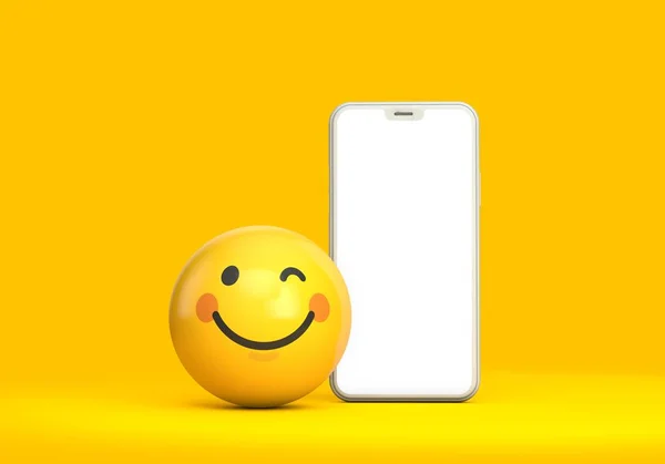 Smartphone mockup met leeg scherm en leuke emoji karakter. 3D renderen — Stockfoto
