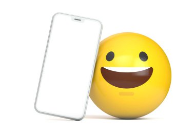 Boş ekran ve eğlenceli emoji karakteri ile Smartphone mockup. 3D render