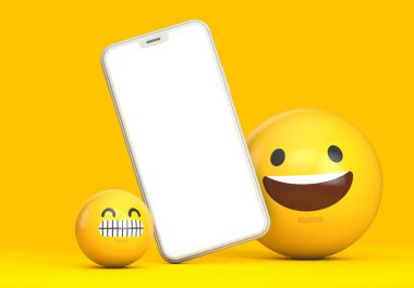 Boş ekran ve eğlenceli emoji karakteri ile Smartphone mockup. 3D render