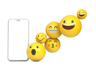 Boş ekran ve eğlenceli emoji karakteri ile Smartphone mockup. 3D render
