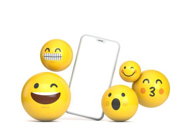 Boş ekran ve eğlenceli emoji karakteri ile Smartphone mockup. 3D render