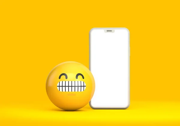 Smartphone mockup met leeg scherm en leuke emoji karakter. 3D renderen — Stockfoto